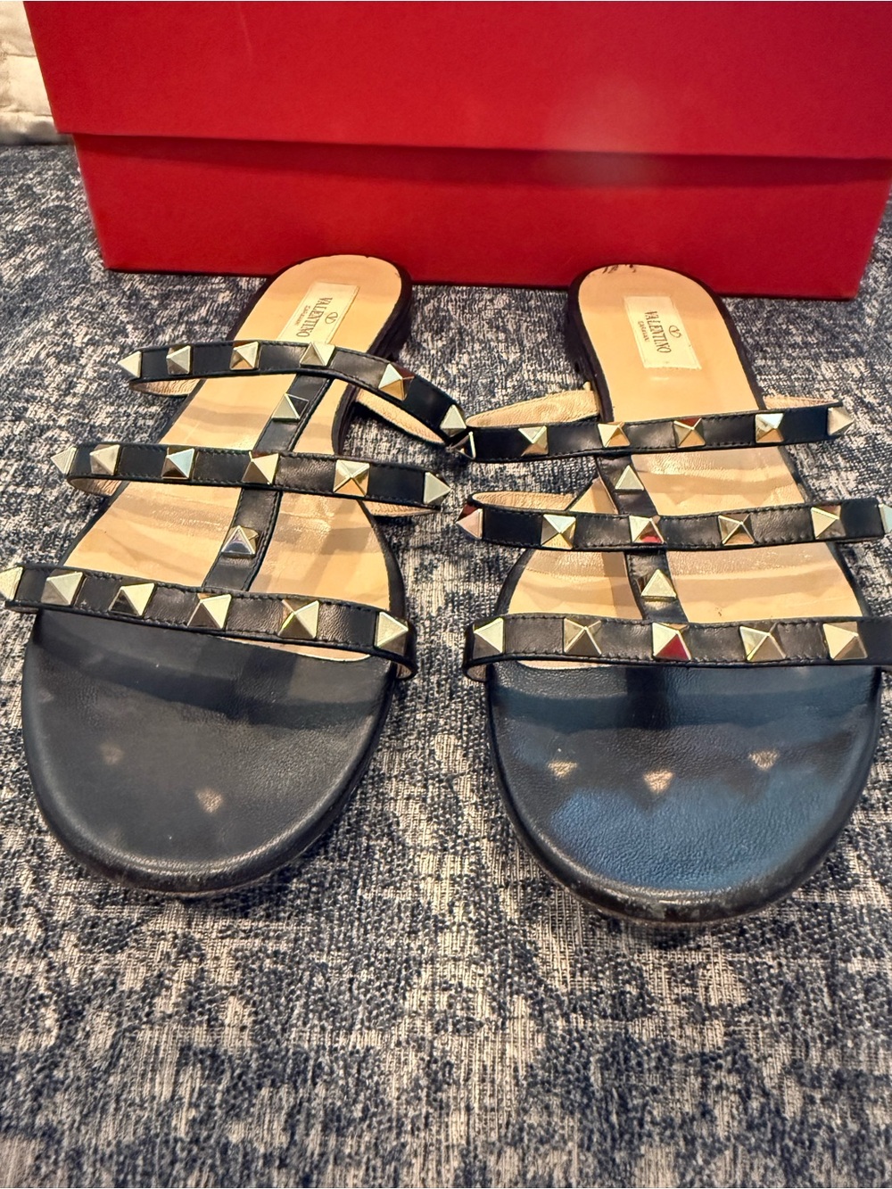 Valentino Garavani Black Leather Rockstud Multi‑Strap Slide Sandals